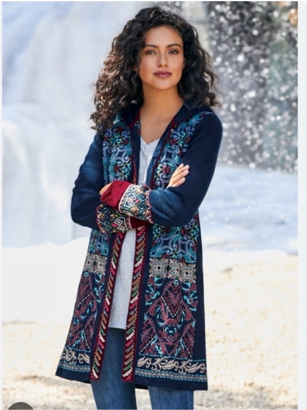 SOFT SURROUNDINGS LYZA SWEATER COAT-HOODED EMBROIDERED BEADED DUSTER